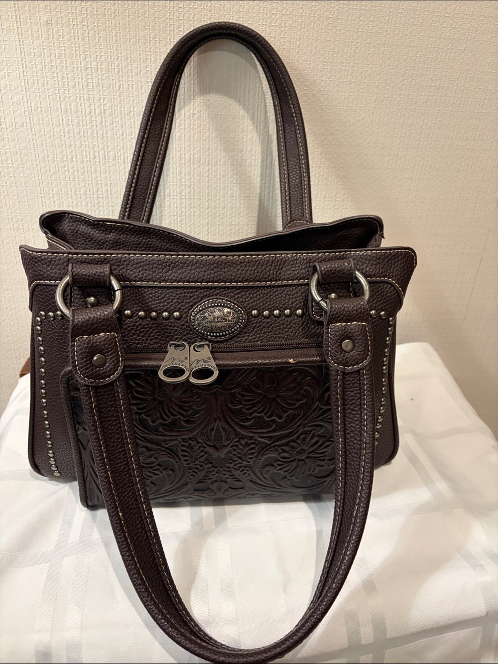 Montana West Brown Tooled Leather Concealed Carry Tote Shoulder Bag